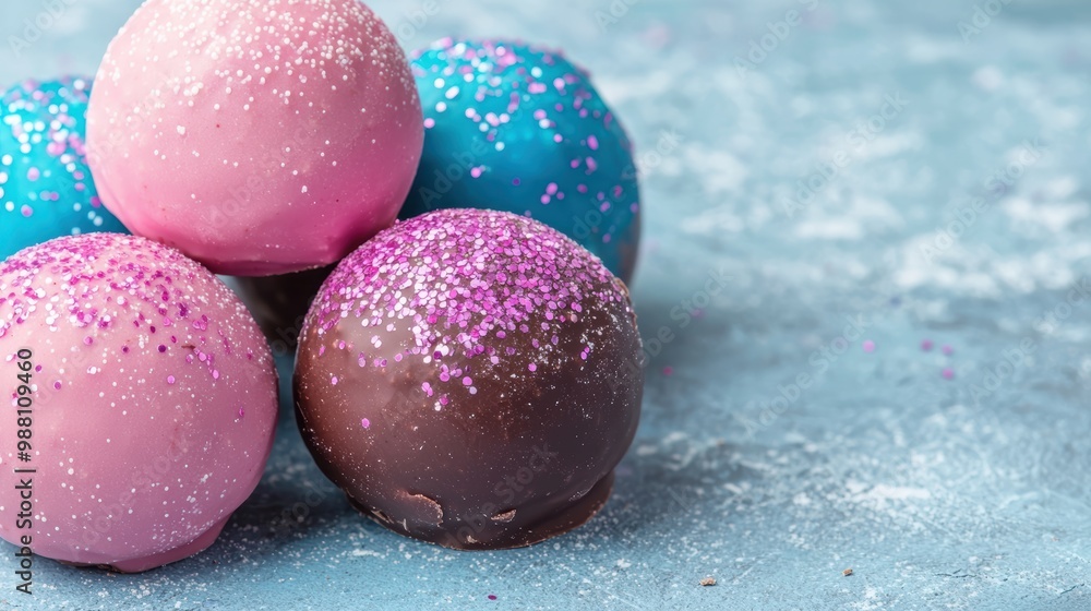 Obraz premium Colorful glittery easter eggs on blue background