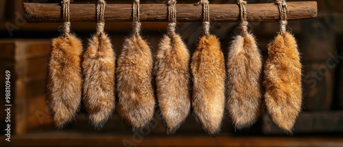 Hanging fur pelts in a rustic wooden cabin photo