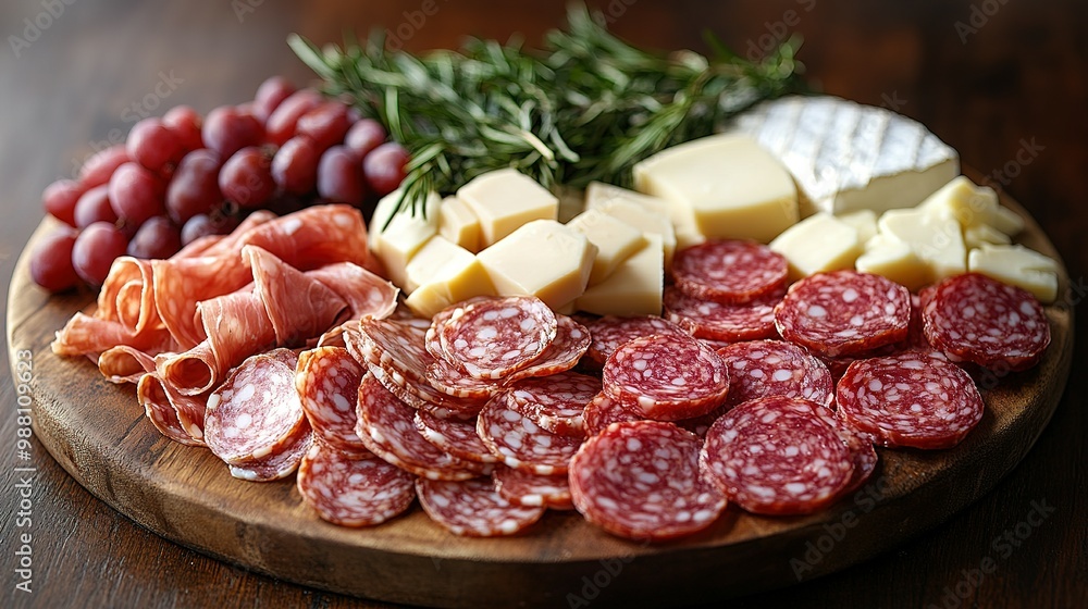 Salami, Cheese, and Grapes on a Wooden Cutting Board Salami, Cheese, and Grapes on a Wooden Cutting Board