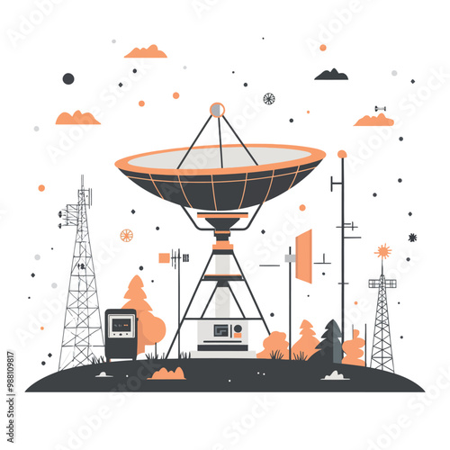 Vector illustration of satellite dish in flat style. Radio communication concept.