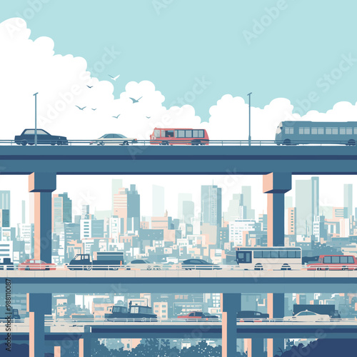 Vector illustration of a cityscape with traffic on the road and cars