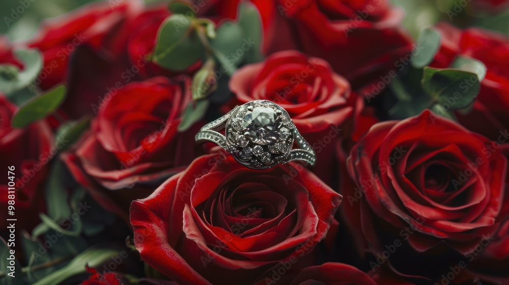 Obraz premium Diamond Ring on Red Roses
