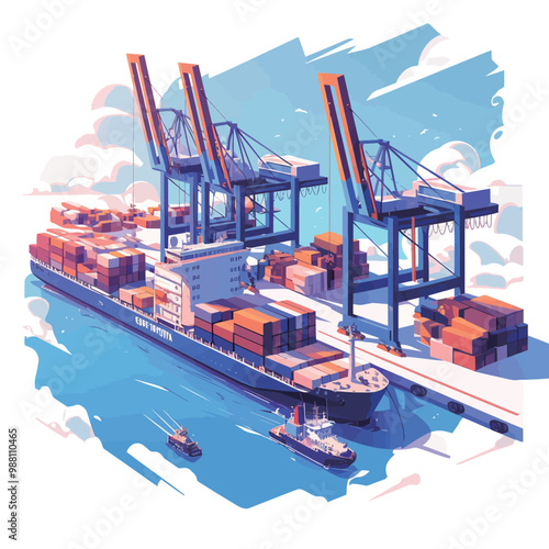 Cargo ship with containers in harbor. Freight transportation and shipping. Vector illustration