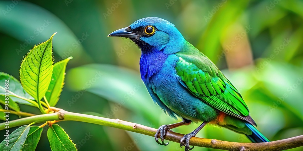 A vibrant blue crest on its forehead and chest contrasts with emerald green shoulders and wings as it perches on a lush branch. A vibrant blue crest on its forehead and chest contrasts with emerald green shoulders and wings as it perches on a lush branch.