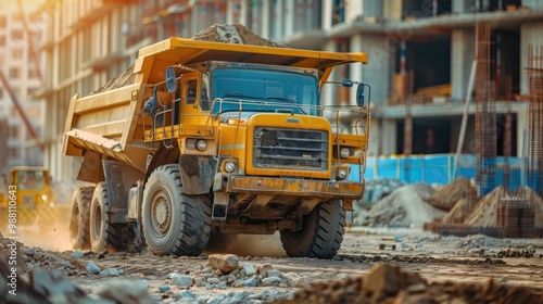 a dump truck unloading construction materials at a building site.