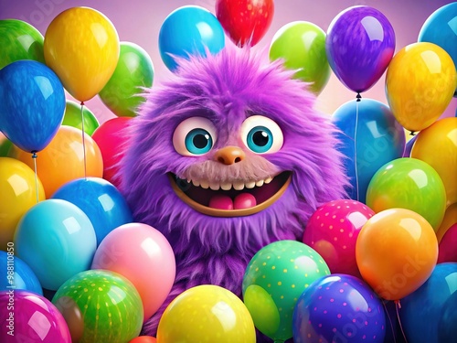 A whimsical, one-eyed purple monster with fluffy fur and a toothy grin peers curiously from behind a cluster of colorful balloons in a bright environment. photo