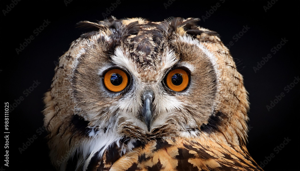 Obraz premium The close-up of a Great Spotted Owl on a black background. Detail bubo bubo. Owl on the background