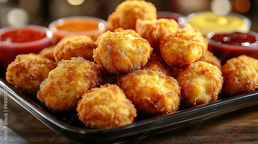 A close-up of a party platter loaded with golden chicken nuggets and a variety of colorful dipping sauces, perfect for a casual gathering. The nuggets are crispy and warm, A close-up of a party platter loaded with golden chicken nuggets and a variety of colorful dipping sauces, perfect for a casual gathering. The nuggets are crispy and warm,