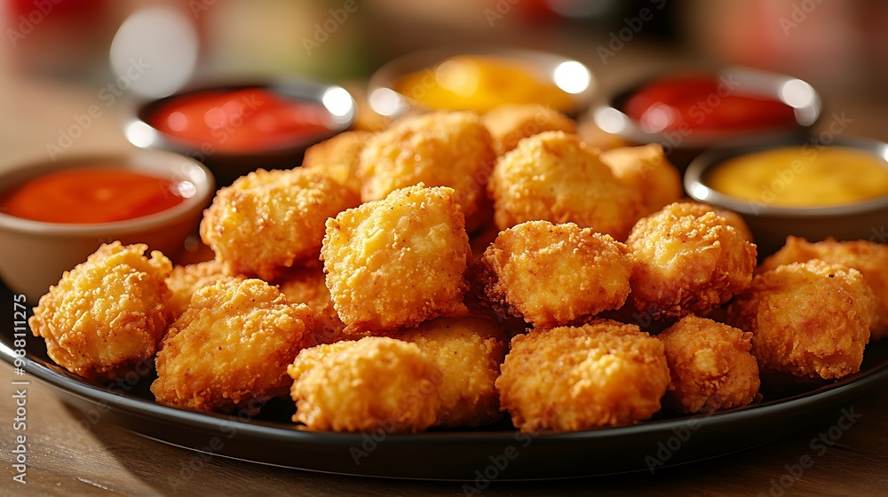 A close-up of a party platter loaded with golden chicken nuggets and a variety of colorful dipping sauces, perfect for a casual gathering. The nuggets are crispy and warm, A close-up of a party platter loaded with golden chicken nuggets and a variety of colorful dipping sauces, perfect for a casual gathering. The nuggets are crispy and warm,