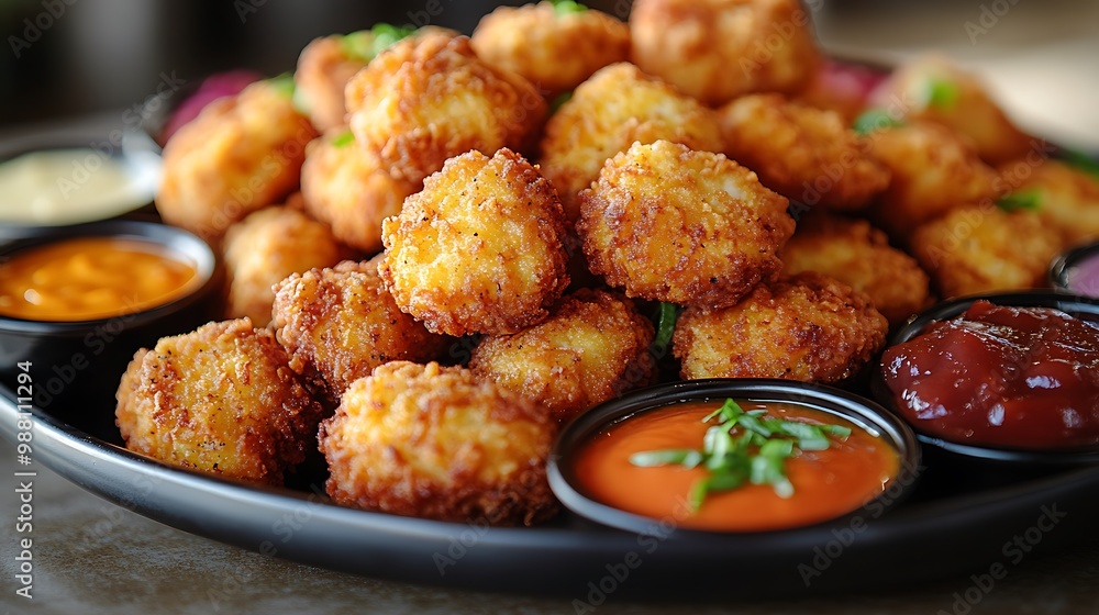 A close-up of a party platter loaded with golden chicken nuggets and a variety of colorful dipping sauces, perfect for sharing. The nuggets are crispy, with a warm, inviting glow, A close-up of a party platter loaded with golden chicken nuggets and a variety of colorful dipping sauces, perfect for sharing. The nuggets are crispy, with a warm, inviting glow,