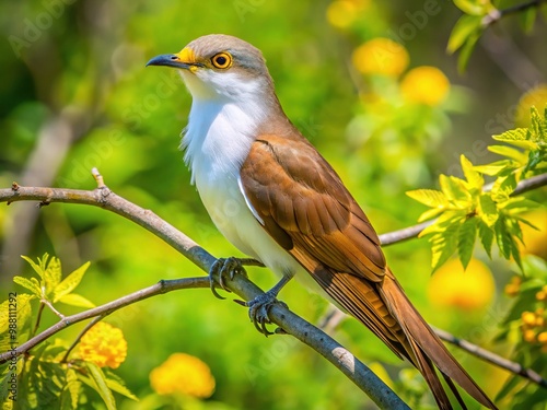 A yellow-billed cuckoo perches, its bright yellow bill blending with the surrounding foliage as it surveys its surroundings on a sunny day. photo