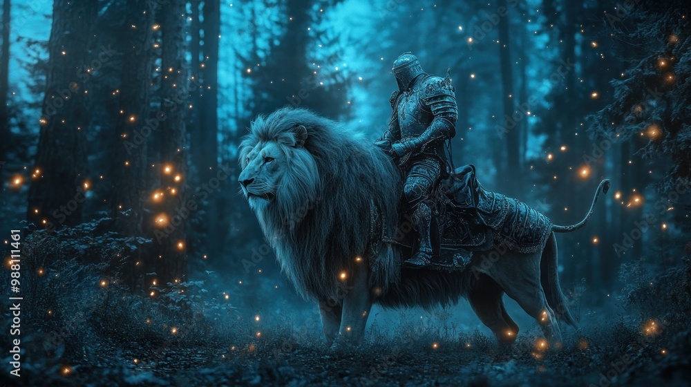 A knight rides a majestic lion through a mystical forest illuminated by glowing particles. A knight rides a majestic lion through a mystical forest illuminated by glowing particles.