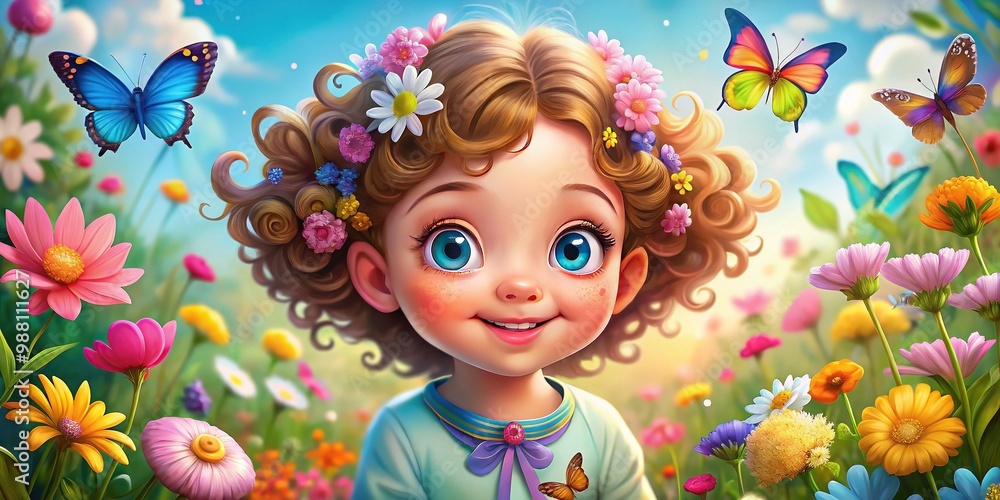 Adorable cartoon girl with big blue eyes, curly brown hair, and a bright smile, surrounded by colorful flowers and fluttering butterflies in a whimsical scene. Adorable cartoon girl with big blue eyes, curly brown hair, and a bright smile, surrounded by colorful flowers and fluttering butterflies in a whimsical scene.