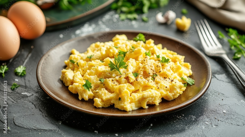 A plate of creamy scrambled eggs garnished with herbs, served with fresh eggs beside it, set on a rustic table. A plate of creamy scrambled eggs garnished with herbs, served with fresh eggs beside it, set on a rustic table.