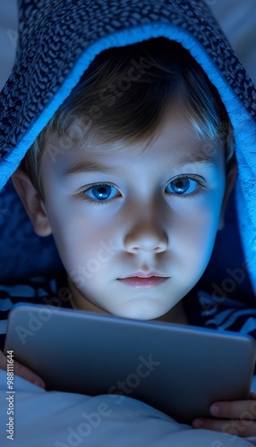 Obraz na płótnie close harmful watching ad detail tablet screentime boy light mobile blue concept blanket face small bedtime bed phone eyes boy bed tablet screen smartphone children night home technology little w salonie