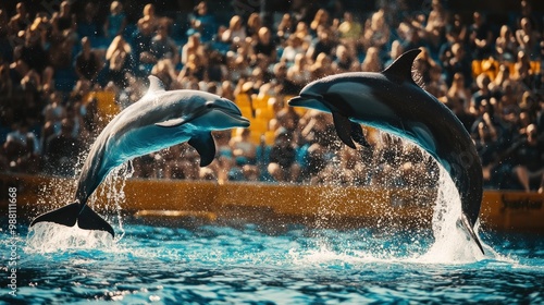 Two dolphins leaping out of the water in front of a captivated audience.