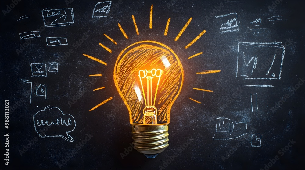 Light bulb sketched on a chalkboard, radiant beams symbolizing inspiration and imagination, flat design with crisp chalk lines and vibrant glow Light bulb sketched on a chalkboard, radiant beams symbolizing inspiration and imagination, flat design with crisp chalk lines and vibrant glow