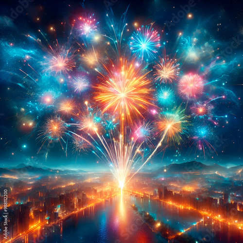 fireworks are seen in the sky over a city.