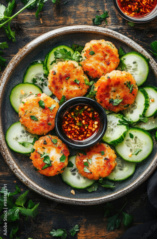 A Plate of Thai Fish Cakes with Sweet Chili Sauce for an Authentic Thai Culinary Experience A Plate of Thai Fish Cakes with Sweet Chili Sauce for an Authentic Thai Culinary Experience
