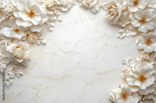 elegant white floral background with marble texture