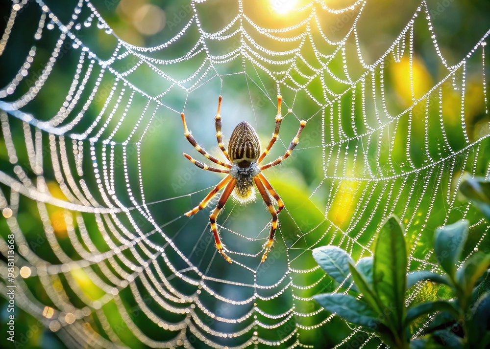 Delicate, dime-sized money spider hangs upside down from silver dew-kissed web, its intricate patterns glisten in morning light, surrounded by lush green foliage. Delicate, dime-sized money spider hangs upside down from silver dew-kissed web, its intricate patterns glisten in morning light, surrounded by lush green foliage.