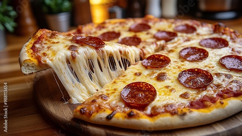 A dramatic cheese pull shot from a pizza slice, mozzarella stretching between the slice and the remaining pizza, hot pepperoni sizzling on top, golden crust.