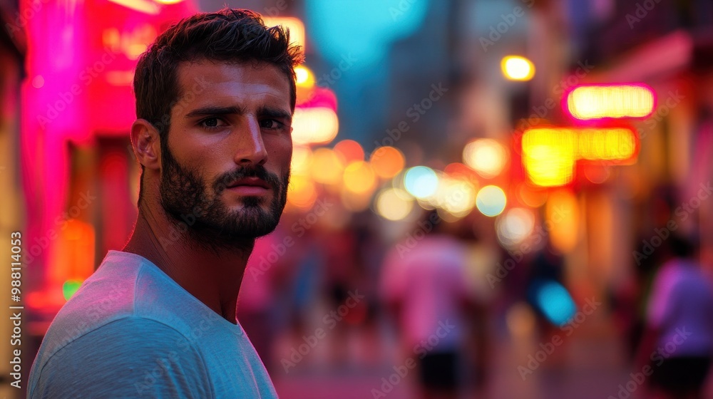 A man gazes thoughtfully in a vibrant, illuminated street scene at dusk. A man gazes thoughtfully in a vibrant, illuminated street scene at dusk.