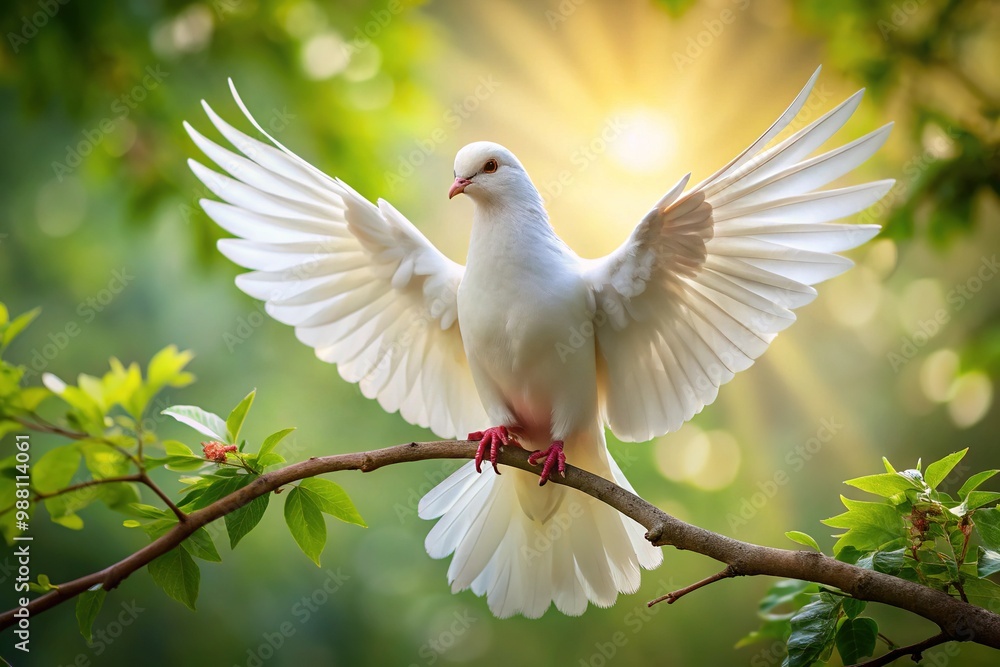 Fototapeta premium Delicate, intricately designed white dove perches on a slender branch, spread wings shining with soft, feathery texture, surrounded by subtle, wispy foliage and gentle light.