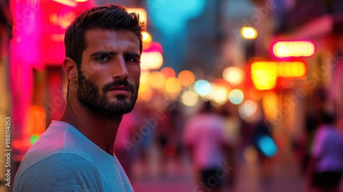 A man gazes thoughtfully in a vibrant, illuminated street scene at dusk.