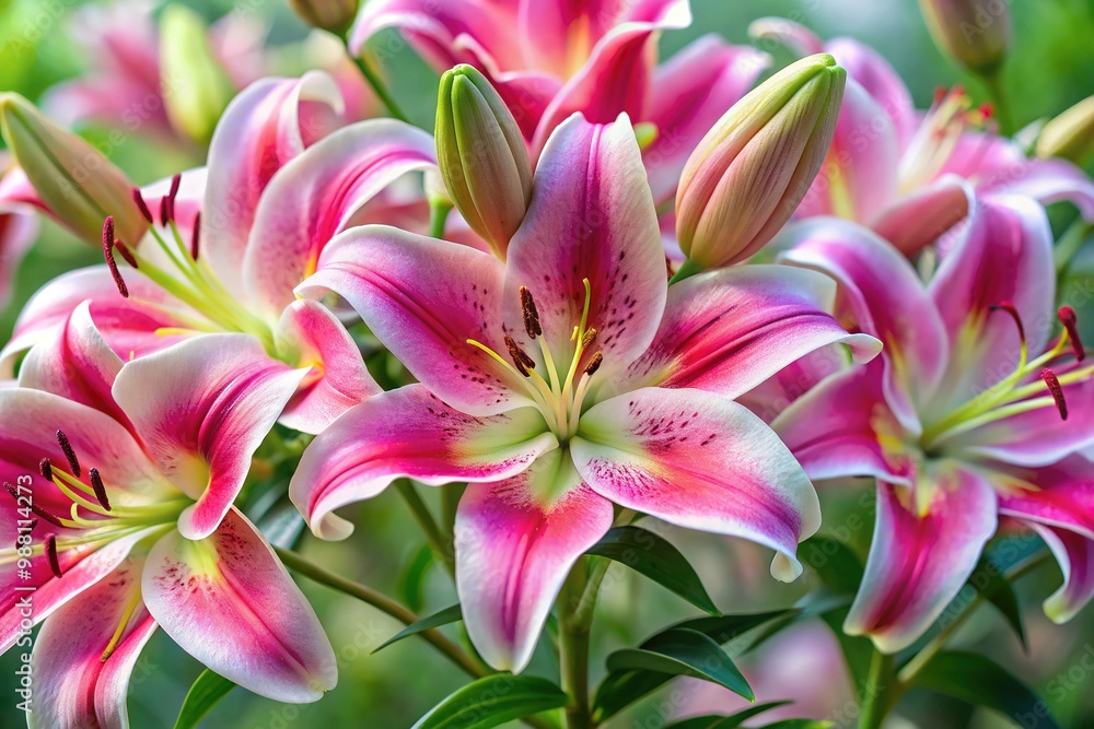 Fototapeta premium Delicate, trumpet-shaped Lilium Stargazer blooms in vibrant pink and white hues, subtly fragrant and radiating elegance, against a soft, diffused background.