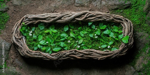 Lush green foliage in a natural wooden frame photo