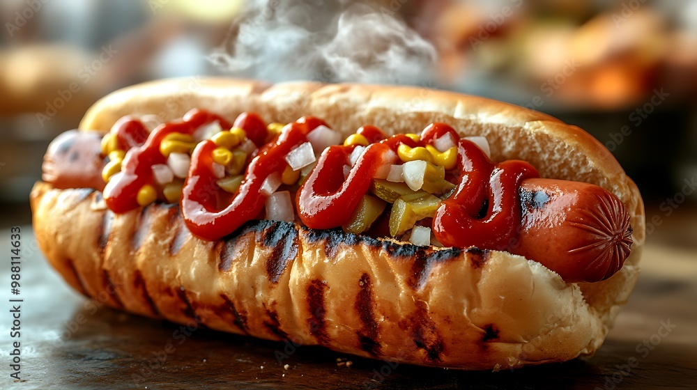 A freshly grilled hot dog loaded with ketchup, mustard, diced onions, and pickles, nestled in a warm bun, steam rising from the toppings. The background is blurred, A freshly grilled hot dog loaded with ketchup, mustard, diced onions, and pickles, nestled in a warm bun, steam rising from the toppings. The background is blurred,