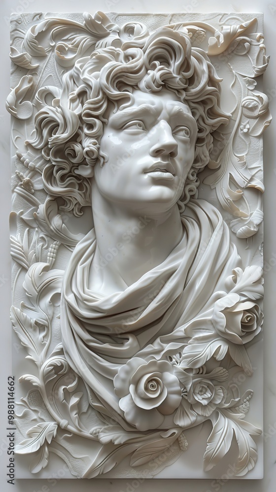 Marble Sculpture of a Young Man's Portrait with Roses Marble Sculpture of a Young Man's Portrait with Roses