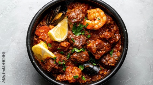 Wallpaper Mural Hearty seafood and meat stew in a black bowl Torontodigital.ca