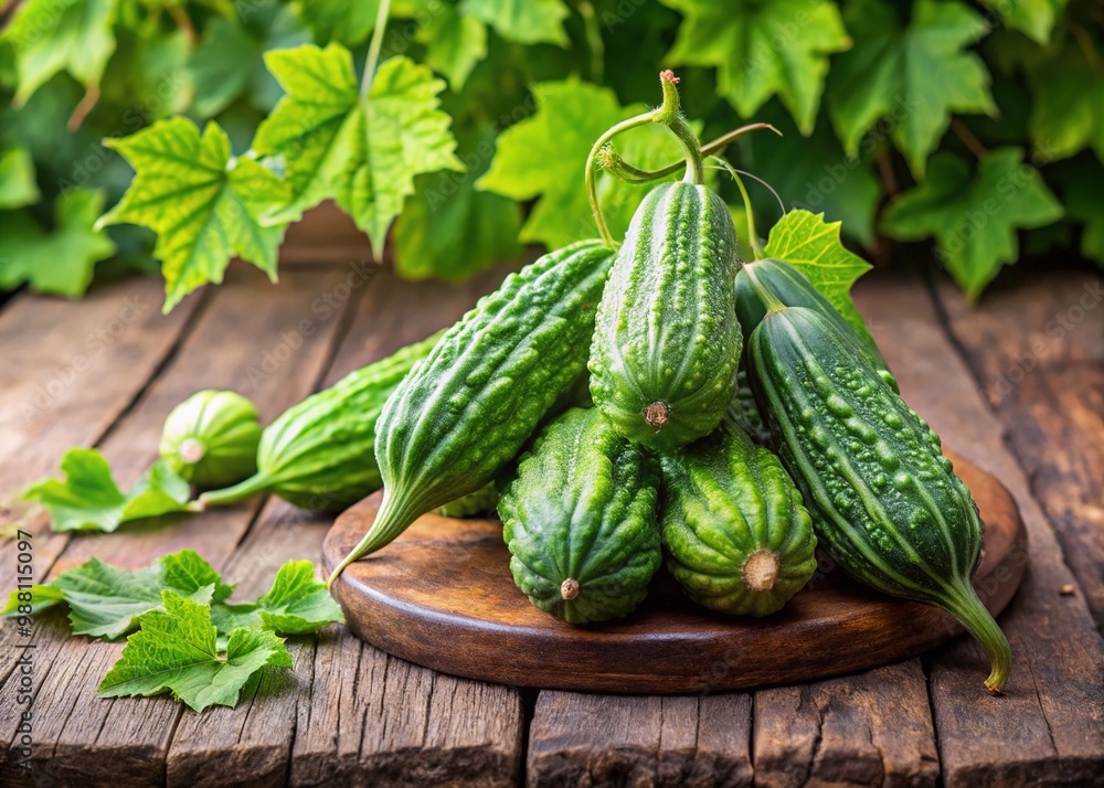 Fresh green ridge gourds with ridged exteriors and soft, tender flesh, arranged on a rustic wooden table, surrounded by lush green leaves and vines. Fresh green ridge gourds with ridged exteriors and soft, tender flesh, arranged on a rustic wooden table, surrounded by lush green leaves and vines.