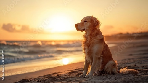 A golden retriever sits on the beach at sunset, enjoying the serene coastal view.