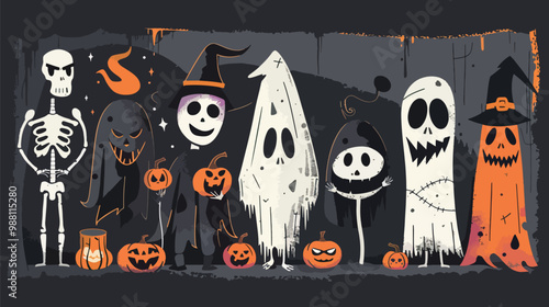 Flat Several Halloween creepy characters, Halloween elements, Happy Halloween