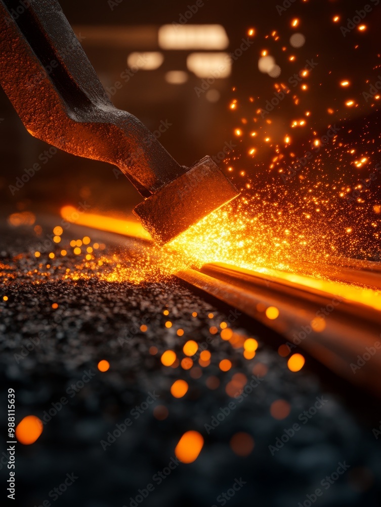 Hot Metal Forging: A Symbol of Industrial Power and Transformation - This image captures the raw power and precision of industrial forging, with a glowing metal bar being shaped by a heavy press. The Hot Metal Forging: A Symbol of Industrial Power and Transformation - This image captures the raw power and precision of industrial forging, with a glowing metal bar being shaped by a heavy press. The