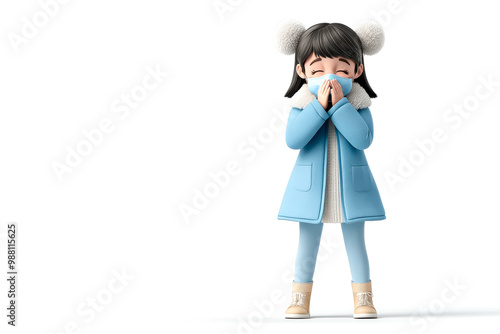 A cheerful cartoon girl wearing a blue coat and earmuffs, playfully covering her mouth with her hands, radiating joy. photo