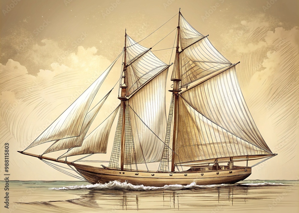 Hand-Drawn Sketch Of A Classic Sailboat On A Blank Background, Featuring Detailed Rigging And Sails With A Vintage Feel. Hand-Drawn Sketch Of A Classic Sailboat On A Blank Background, Featuring Detailed Rigging And Sails With A Vintage Feel.