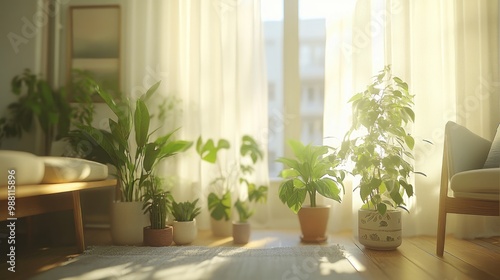 A sunlit indoor space filled with various potted plants and soft furnishings.