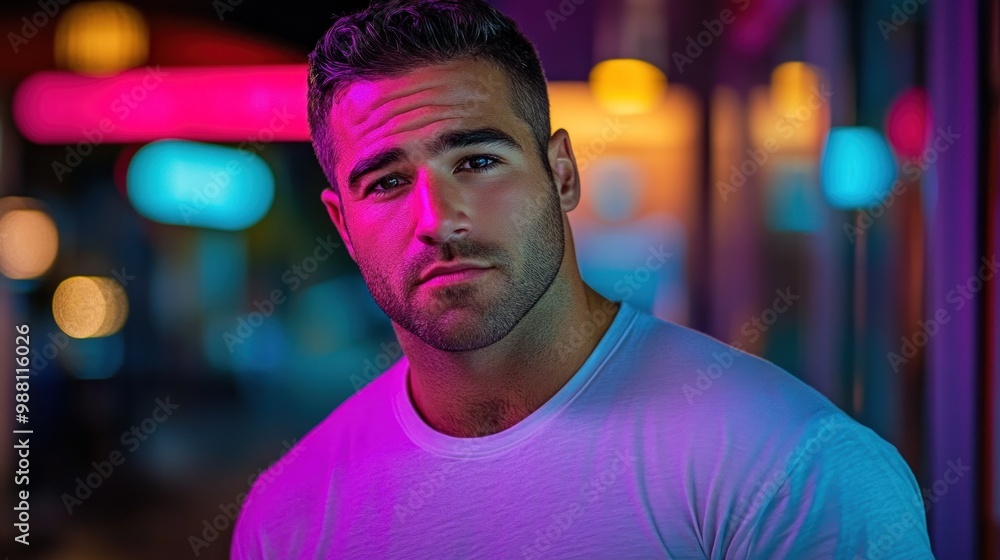 A portrait of a young man in a vibrant, colorful setting with soft lighting. A portrait of a young man in a vibrant, colorful setting with soft lighting.