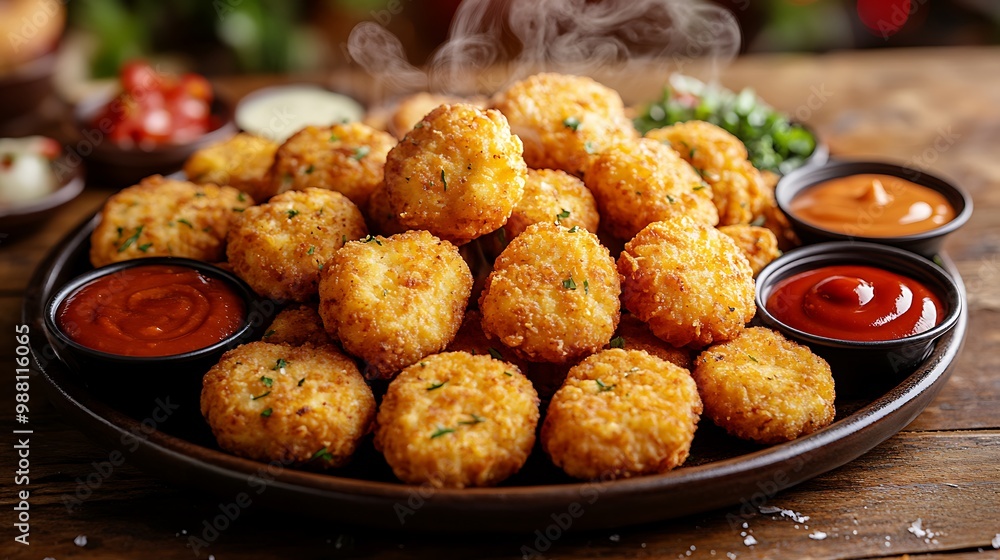 A large party platter of chicken nuggets with a variety of dipping sauces, the golden nuggets steaming hot and ready for sharing. The platter is set on a wooden table, A large party platter of chicken nuggets with a variety of dipping sauces, the golden nuggets steaming hot and ready for sharing. The platter is set on a wooden table,