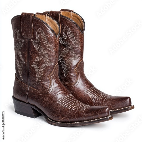 Pair of brown leather cowboy boots with intricate stitching