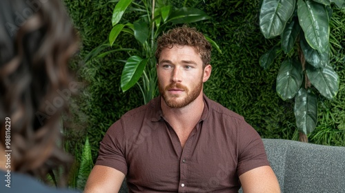 man in casual shirt posing in tropical garden