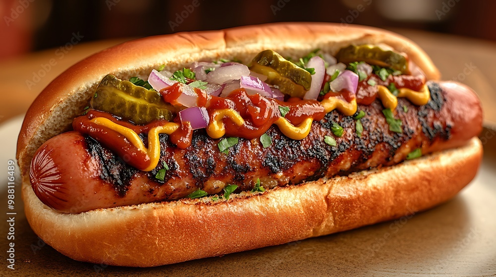 A loaded hot dog with grilled sausage, mustard, ketchup, onions, and pickles, sitting in a perfectly toasted bun, the toppings glistening under warm light. A loaded hot dog with grilled sausage, mustard, ketchup, onions, and pickles, sitting in a perfectly toasted bun, the toppings glistening under warm light.