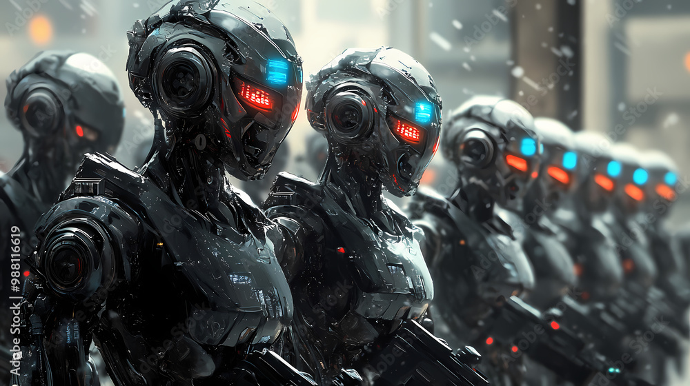 Fototapeta premium Robots. futuristic interpretation future illustration. Cyborg Army. Illustration