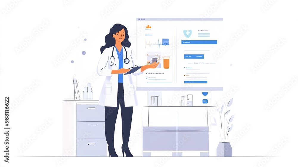 A nurse presenting her healthcare product at a startup expo, engaging potential investors and customers. A nurse presenting her healthcare product at a startup expo, engaging potential investors and customers.