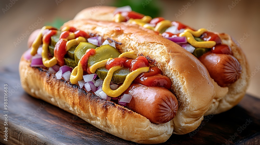 A mouthwatering hot dog loaded with mustard, ketchup, diced onions, and pickles, served in a freshly toasted bun. Photographed with warm lighting on a rustic wooden board, A mouthwatering hot dog loaded with mustard, ketchup, diced onions, and pickles, served in a freshly toasted bun. Photographed with warm lighting on a rustic wooden board,