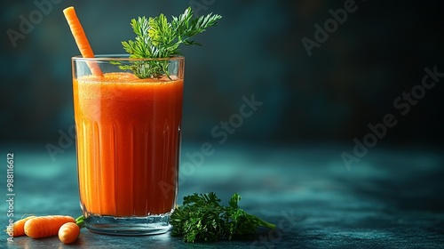 Glass of Carrot Juice with Carrot Straw and Fresh Parsley